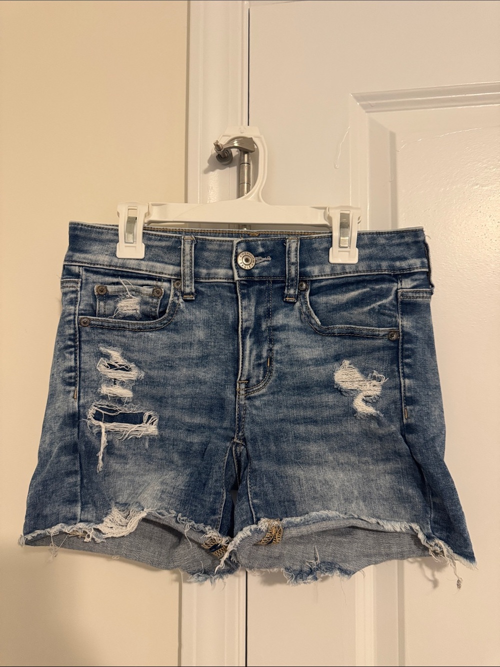 American Eagle Outfitters Distressed Midi Blue Jean Shorts
